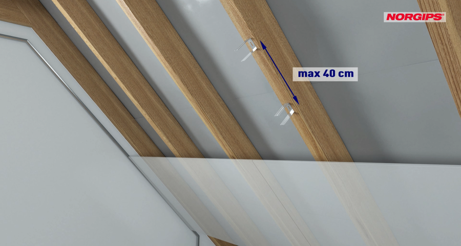 Determining the installation location of ES type or flat L type hangers – installation of plasterboards in a system perpendicular to the rafters