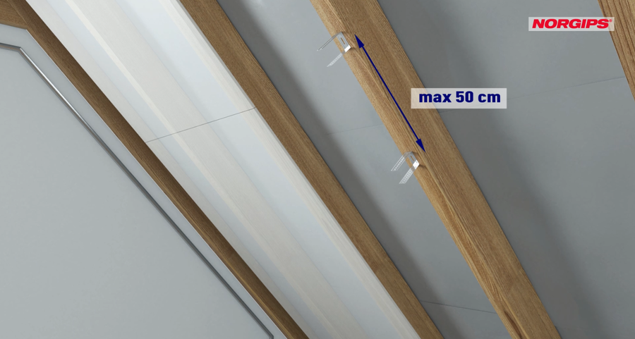 Determining the installation location of ES type or flat L type hangers – installation of plasterboards parallel to rafters.